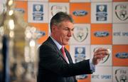 25 May 2009; Former Republic of Ireland International Frank Stapleton holds a drawn ball during the FAI Ford Cup third round draw. Burlington Hotel, Ballsbridge, Dublin. Picture credit: David Maher / SPORTSFILE *** Local Caption ***