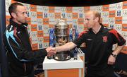 25 May 2009; Damien O'Rourke, left, Mervue United, with Thomas Heary, Dundalk, after both teams were drawn against each other at the FAI Ford Cup third round draw. Burlington Hotel, Ballsbridge, Dublin. Picture credit: David Maher / SPORTSFILE *** Local Caption ***