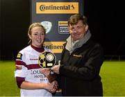 10 October 2015; Lisa Casserly, Galway WFC, is presented with her player of the match award by Eddie Ryan, Marketing Director, Advance Pitstop. Continental Tyres Women's National League, Peamount United v Galway WFC. Peamount United, Greenogue, Co. Dublin. Picture credit: Piaras Ó Mídheach / SPORTSFILE