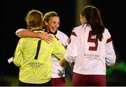 10 October 2015; Galway WFC players, from left, Christina Hughes, Lisa Casserly and Keara Cormcan, celebrate after the game. Continental Tyres Women's National League, Peamount United v Galway WFC. Peamount United, Greenogue, Co. Dublin. Picture credit: Piaras Ó Mídheach / SPORTSFILE