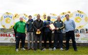 10 October 2015; Paul Byrne, FAI, Tony McGing, Achill Rovers Chairman, Phil Babb, Joseph N'do, Sean Molloy, Achill Rovers Vice Chairman, and Mark Russell, Aviva, pose for a photograph with the award at Fr. O'Brien Park on Achill Island, the home of AVIVA FAI Club of the Year for 2015, Achill Rovers. AVIVA brought their Club of the Year Showcase, which included Irish football legend Phil Babb, to Achill Rovers for the day to celebrate them being named IrelandÕs best football club for 2015.  For more information on the AVIVA FAI Club of the Year go to www.aviva.ie/coty. Club Fr. O'Brien Park, The Valley, Achill Island, Co. Mayo. Picture credit: Sam Barnes / SPORTSFILE