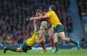 10 October 2015; George North, Wales, is tackled by Adam Ashley-Cooper and Drew Mitchell, Australia. 2015 Rugby World Cup, Pool A, Australia v Wales. Twickenham Stadium, London, England. Picture credit: Matt Browne / SPORTSFILE