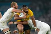 3 October 2015; Sekope Kepu, Australia, is tackled by Chris Robshaw, left, and Geoff Parling, England. 2015 Rugby World Cup, Pool A, England v Australia, Twickenham Stadium, London, England. Picture credit: Brendan Moran / SPORTSFILE