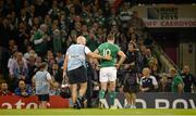 11 October 2015; Jonathan Sexton, Ireland, leaves the pitch with Dr Eanna Falvey, left, Ireland team doctor, after picking up an injury. 2015 Rugby World Cup Pool D, Ireland v France. Millennium Stadium, Cardiff, Wales. Picture credit: Brendan Moran / SPORTSFILE