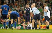 11 October 2015; Ireland captain Paul O'Connell before leaving the pitch at half-time on a stretcher with an injury. 2015 Rugby World Cup Pool D, Ireland v France. Millennium Stadium, Cardiff, Wales. Picture credit: Brendan Moran / SPORTSFILE
