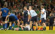 11 October 2015; Ireland captain Paul O'Connell before leaving the pitch at half-time on a stretcher with an injury. 2015 Rugby World Cup Pool D, Ireland v France. Millennium Stadium, Cardiff, Wales. Picture credit: Brendan Moran / SPORTSFILE