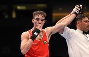 11 October 2015; Michael Conlan, Ireland, celebrates after beating Dzmitry Asanau, Belarus, in their Men's Bantamweight 56kg Semi-Final bout. AIBA World Boxing Championships, Semi-Finals, Ali Bin Hamad Al Attiyah Arena, Doha, Qatar. Photo by Sportsfile