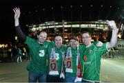 11 October 2015;  Republic of Ireland supporters, from left, Diarmuid Hayes, PJ Brady, Martin Brady and Simon Spellman, all from Castlebar, Co. Mayo, cheer on their team. UEFA EURO 2016 Championship Qualifier, Group D, Poland v Republic of Ireland. Stadion Narodowy, Warsaw, Poland. Picture credit: David Maher / SPORTSFILE