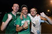 11 October 2015; Republic of Ireland supporters Paddy O'Dwyer, Barry O'Reilly, Lorcan Doyle, all from Tallaght, Dublin, cheer on their team. UEFA EURO 2016 Championship Qualifier, Group D, Poland v Republic of Ireland. Stadion Narodowy, Warsaw, Poland. Picture credit: David Maher / SPORTSFILE