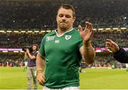 11 October 2015; Ireland's Cian Healy celebrates after the final whistle. 2015 Rugby World Cup Pool D, Ireland v France. Millennium Stadium, Cardiff, Wales. Picture credit: Brendan Moran / SPORTSFILE