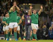 11 October 2015; Ireland's Jack McGrath, right, and Nathan White applaud the crowd after the game. 2015 Rugby World Cup Pool D, Ireland v France. Millennium Stadium, Cardiff, Wales. Picture credit: Matt Browne / SPORTSFILE