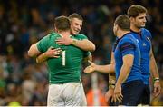 11 October 2015; Ireland's Robbie Henshaw and Cian Healy, 1, celebrate after the final whsitle. 2015 Rugby World Cup Pool D, Ireland v France. Millennium Stadium, Cardiff, Wales. Picture credit: Brendan Moran / SPORTSFILE