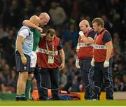 11 October 2015; Paul O'Connell, Ireland, is helped by Dr Eanna Falvey before leaving the pitch after picking up an injury. 2015 Rugby World Cup Pool D, Ireland v France. Millennium Stadium, Cardiff, Wales. Picture credit: Matt Browne / SPORTSFILE