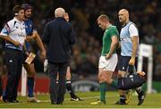 11 October 2015; Keith Earls, Ireland, accompanied by Dr Eanna Falvey, Ireland team doctor, leaves the pitch. 2015 Rugby World Cup Pool D, Ireland v France. Millennium Stadium, Cardiff, Wales. Picture credit: Stephen McCarthy / SPORTSFILE