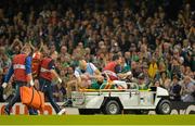 11 October 2015; Ireland captain Paul O'Connell leaves the pitch on a stretcher after picking up an injury. 2015 Rugby World Cup Pool D, Ireland v France. Millennium Stadium, Cardiff, Wales. Picture credit: Matt Browne / SPORTSFILE