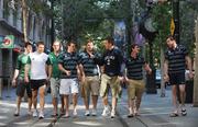 28 May 2009; Ireland players, from left, Ian Whitten, Darren Cave, John Muldoon, Ian Dowling, Mike Ross, Niall Ronan, Ian Keatley and Ryan Caldwell who all earned their first senior international cap for the Ireland rugby team during the summer tour, pictured in Downtown San Jose, California, USA. Picture credit: Pat Murphy / SPORTSFILE