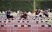 30 May 2009; Clarence Kennedy, Mount Hawk, Tralee, Co. Kerry, on his way to winning the Inter Boys 100m hurdles ahead of 2nd place, Stephen Colwell, right, Regent House, Newtownards, Co. Down and 3rd place Mark Regan, St. Gerald's, Castlebar, Co. Mayo . Irish Schools Track and Field Championships, Tullamore Harriers, Tullamore, Co. Offaly. Photo by Sportsfile