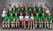 11 October 2015; The Republic of Ireland squad, front row, from left, team doctor Caroline Duggan, Leanne Kiernan, Tiegan Ruddy, Rachel Baynes, goalkeeping coach Pat Behan, head coach Dave Bell, assistant coach Laura Cusack, captain Saoirse Noonan, Heather Payne, Lauren Kelly and kit manager Niamh Nolan. Middle row, from left, video analyst Eoin Murphy, Niamh Farrelly, Lauryn O'Callaghan, Alex Kavanagh, Sophie Lenahan, Niamh Sheehan, Naoishe McAloon, Danielle Burke, Tara O'Gorman, Leah Reybet-Degat and physio Caroline Brogan. Back row, from left, Nicole Plunkett, Lauren Homan, Jade Reddy, Lynn Craven, Isobel Finnegan, Sadhbh Doyle and Zoe Green. Republic of Ireland Women's U17 Squad Portraits. Maldron Hotel, Dublin Airport. Picture credit: Ramsey Cardy / SPORTSFILE