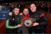 26 December 2014; WBO middleweight champion Andy Lee with Munster players Peter O'Mahony, left, and Paul O'Connell at half-time. Guinness PRO12, Round 11, Munster v Leinster, Thomond Park, Limerick. Picture credit: Diarmuid Greene / SPORTSFILE