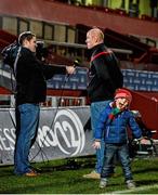 28 November 2014; Munster's Paul O'Connell is interviewed for BBC NI after the game as his four-year-old son, Paddy, stands by his side. Guinness PRO12, Round 9, Munster v Ulster, Thomond Park, Limerick. Picture credit: Diarmuid Greene / SPORTSFILE