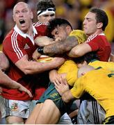 22 June 2013; Digby Ioane, Australia, is tackled by Paul O'Connell, left, and George North, British & Irish Lions. British & Irish Lions Tour 2013, 1st Test, Australia v British & Irish Lions, Suncorp Stadium, Brisbane, Queensland, Australia. Picture credit: Stephen McCarthy / SPORTSFILE