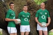 8 August 2011; Ireland's Jonathan Sexton, left, Brian O'Driscoll, and Paul O'Connell, right, at the announcement by O2 and the Irish Rugby Football Union that they have renewed their sucessful partnership arrangement, which will see O2 continue as sponsor of the Ireland rugby team until 2016. Ireland Rugby Football Union Announcement, Carton House, Maynooth, Co. Kildare. Photo by Sportsfile