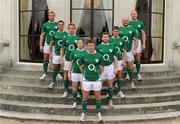 15 September 2009; At the launch of the new Ireland PUMA rugby kit, from left, Stephen Ferris, Paddy Wallace, Luke Fitzgerald, Grace Davitt, Brian O'Driscoll, Gordon D'Arcy, Ronan O'Gara, John Hayes and Paul O'Connell. The Ireland rugby squad will wear the new PUMA Ireland jersey for the first time in their Autumn International against Australia on 15th November in Croke Park. Radisson SAS St Helen's Hotel, Dublin. Picture credit: Brendan Moran / SPORTSFILE