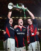 24 May 2008; Munster's Donncha O'Callaghan, Paul O'Connell and Alan Quinlan celebrate with the Heineken Cup. Heineken Cup Final, Munster v Toulouse, Millennium Stadium, Cardiff, Wales. Picture credit: Oliver McVeigh / SPORTSFILE