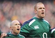 14 March 2009; Ireland's Peter Stringer, left, and Paul O'Connell during the national anthems before the game. RBS Six Nations Championship, Scotland v Ireland, Murrayfield Stadium, Edinburgh, Scotland. Picture credit: Brendan Moran / SPORTSFILE
