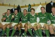 6 March 2004; Irish players, l to r, Kevin Maggs, Anthony Foley, Keith Gleeson, Simon Easterby, Paul O'Connell and Malcolm O'Kelly celebrate in the dressing room after victory over England. RBS 6 Nations Championship 2003-2004, England v Ireland, Twickenham, England. Picture credit; Matt Browne / SPORTSFILE *EDI*