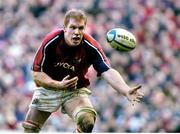 15 January 2005; Munster's Paul O'Connell spills a pass from team-mate Christian Cullen during the game against NEC Harlequins. Heineken European Cup 2004-2005, Round 6, Pool 4, NEC Harlequins v Munster, Twickenham, England. Picture credit; Brendan Moran / SPORTSFILE