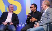 13 October 2015; Pictured at the BOAST Rugby World Cup preview event are Mick Galwey, former Munster, Ireland and Lions, Isa Nacewa, Leinster, and Balls.ie competition winner Garvan McGrath take part in panel discussion. Boast, the world's leading audio social media app, hosted the first of its kind rugby preview event where fans tuned in and engaged directly with a panel of rugby experts. The app is available for free download on iOS or Android and allows users to connect with like-minded individuals, as well as radio stations, from around the world on the hottest topics ranging from sport to politics and 'Boast' their opinions using their real voice. Sam's Bar, Dawson Street, Dublin. Picture credit: Seb Daly / SPORTSFILE