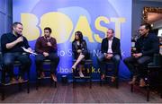 13 October 2015; Pictured at the BOAST Rugby World Cup preview event are panel host Gerald Gilroy, Kevin McLaughlin, former Leinster and Ireland, Tania Rosser, Ireland, Mick Galwey, former Munster, Ireland and Lions, and Isa Nacewa, Leinster during a panel discussion. Boast, the world's leading audio social media app, hosted the first of its kind rugby preview event where fans tuned in and engaged directly with a panel of rugby experts. The app is available for free download on iOS or Android and allows users to connect with like-minded individuals, as well as radio stations, from around the world on the hottest topics ranging from sport to politics and 'Boast' their opinions using their real voice. Sam's Bar, Dawson Street, Dublin. Picture credit: Seb Daly / SPORTSFILE