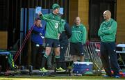 14 October 2015; Ireland's Jonathan Sexton goes through some drills supervised by team doctor Dr. Eanna Falvey, right, during squad training. Ireland Rugby Squad Training, Sophie Gardens, Cardiff, Wales. Picture credit: Brendan Moran / SPORTSFILE
