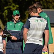 14 October 2015; Ireland forwards coach Simon Easterby, left, in conversation with second row players Iain Henderson and Devin Toner during squad training. Ireland Rugby Squad Training, Sophie Gardens, Cardiff, Wales. Picture credit: Brendan Moran / SPORTSFILE