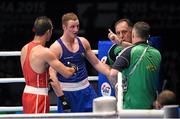 14 October 2015; Michael O'Reilly, Ireland, reacts alongside coaches Zaur Antia and Billy Walsh, right, after being beaten by Hosam Abdin, Egypt, in their Men's Middleweight 75kg Box-Off bout. AIBA World Boxing Championships, Semi-Finals. Ali Bin Hamad Al Attiyah Arena, Doha, Qatar. Photo by Sportsfile