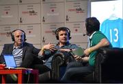 14 October 2015; Former Ireland captains Brian O'Driscoll, centre, and Keith Wood, left, with Newstalk presenter Ger Gilroy at the Newstalk Off The Ball Roadshow with thanks to Heineken. 3 Arena, Dublin. Picture credit: Matt Browne / SPORTSFILE