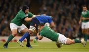 11 October 2015; theirry Dusautoir, France, is tackled by Mike Ross, left, and Cian Healy, Ireland. 2015 Rugby World Cup Pool D, Ireland v France. Millennium Stadium, Cardiff, Wales. Picture credit: Stephen McCarthy / SPORTSFILE