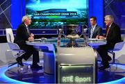 15 October 2015; RTÉ presenter Michael Lyster, left, with analysts Dessie Dolan and Pat Spillane, right, during the 2016 GAA Football / Hurling Championship draw. RTE Studios, Donnybrook, Dublin. Picture credit: Piaras Ó Mídheach / SPORTSFILE