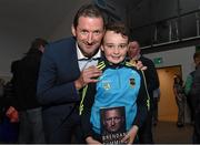 15 October 2015; Former Tipperary goalkeeper Brendan Cummins along with Barry Ryan, aged 12, from Borrisokane, Co. Tipperary, at the official launch of 'Standing My Ground', The Brendan Cummins autobiography. Semple Stadium, Thurles, Co. Tipperary. Picture credit: Diarmuid Greene / SPORTSFILE
