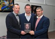 15 October 2015; Former Tipperary goalkeeper Brendan Cummins, centre, along with co-author Jackie Cahill, left, and Liam Sheedy, right, at the official launch of 'Standing My Ground', The Brendan Cummins autobiography. Semple Stadium, Thurles, Co. Tipperary. Picture credit: Diarmuid Greene / SPORTSFILE