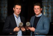 16 October 2015; Tipperary's Brendan Cummins and Armagh's Oisín McConville were tonight inducted into the Hall of Fame at the 2015 Gaelic Writers’ Association Awards at the Jackson Court Hotel in Dublin. In addition, Kilkenny's Paul Murphy was awarded the Hurling Personality of the Year, while Dublin's Philly McMahon, received the equivalent football award. This year’s PRO of the Year award went to John O'Leary of Kerry while RTÉ Sunday Game presenter Michael Lyster was honoured with the Lifetime Achievement Award. Pictured is Oisín McConville, left, and Paul Murphy with their awards. Gaelic Writers Association Awards 2015. Jackson Court Hotel, Harcourt Street, Dublin. Picture credit: Piaras Ó Mídheach / SPORTSFILE