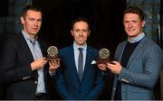 16 October 2015; Tipperary's Brendan Cummins and Armagh's Oisín McConville were tonight inducted into the Hall of Fame at the 2015 Gaelic Writers’ Association Awards at the Jackson Court Hotel in Dublin. In addition, Kilkenny's Paul Murphy was awarded the Hurling Personality of the Year, while Dublin's Philly McMahon, received the equivalent football award. This year’s PRO of the Year award went to John O'Leary of Kerry while RTÉ Sunday Game presenter Michael Lyster was honoured with the Lifetime Achievement Award. Pictured is Gordon Manning, Gaelic Writers Association, with Oisín McConville, left, and Paul Murphy with their awards. Gaelic Writers Association Awards 2015. Jackson Court Hotel, Harcourt Street, Dublin. Picture credit: Piaras Ó Mídheach / SPORTSFILE