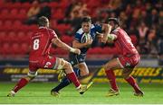 16 October 2015; Colm O'Shea, Leinster, is tackled by John Barclay, left, and Gareth Owen, Scarlets. Guinness PRO12, Round 4, Scarlets v Leinster. Parc Y Scarlets, Llanelli, Wales. Picture credit: Stephen McCarthy / SPORTSFILE