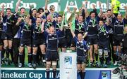 23 May 2009; Leinster captain Leo Cullen, Chris Whitaker and their team-mates celebrate after lifting the Heineken Cup after victory over Leicester Tigers. Heineken Cup Final, Leinster v Leicester Tigers, Murrayfield Stadium, Edinburgh, Scotland. Picture credit: Matt Browne / SPORTSFILE