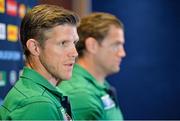 17 October 2015; Ireland forwards coach Simon Easterby, left, and captain Jamie Heaslip during a press conference. 2015 Rugby World Cup, Ireland Rugby Press Conference. Hilton Hotel, Cardiff, Wales. Picture credit: Brendan Moran / SPORTSFILE