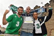17 October 2015; Ireland supporters, from left, Steve Hogan and Mark Downes, both from Wexford, with Imelda Hogan, from Waterford, in Cardiff ahead of the game. 2015 Rugby World Cup, Ireland Rugby Supporters in Cardiff. Cardiff, Wales. Picture credit: Brendan Moran / SPORTSFILE