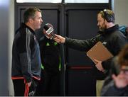 17 October 2015; Munster head coach Anthony Foley is interviewed after the game by former team-mate Marcus Horan for TG4. Guinness PRO12, Round 4, Munster v Cardiff Blues. Irish Independent Park, Cork. Picture credit: Diarmuid Greene / SPORTSFILE