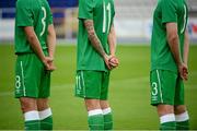 9 October 2015; Republic of Ireland players, from left, Joshua Cullen, Sean Kavanagh and Jack Connors stand for the national anthem before the game. UEFA Euro 2017 U21 Championship Qualifier, Group 2, Republic of Ireland v Lithuania. RSC, Waterford. Picture credit: Piaras Ó Mídheach / SPORTSFILE
