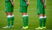 9 October 2015; Republic of Ireland players, from left, Joshua Cullen, Sean Kavanagh and Jack Connors stand for the national anthem before the game. UEFA Euro 2017 U21 Championship Qualifier, Group 2, Republic of Ireland v Lithuania. RSC, Waterford. Picture credit: Piaras Ó Mídheach / SPORTSFILE
